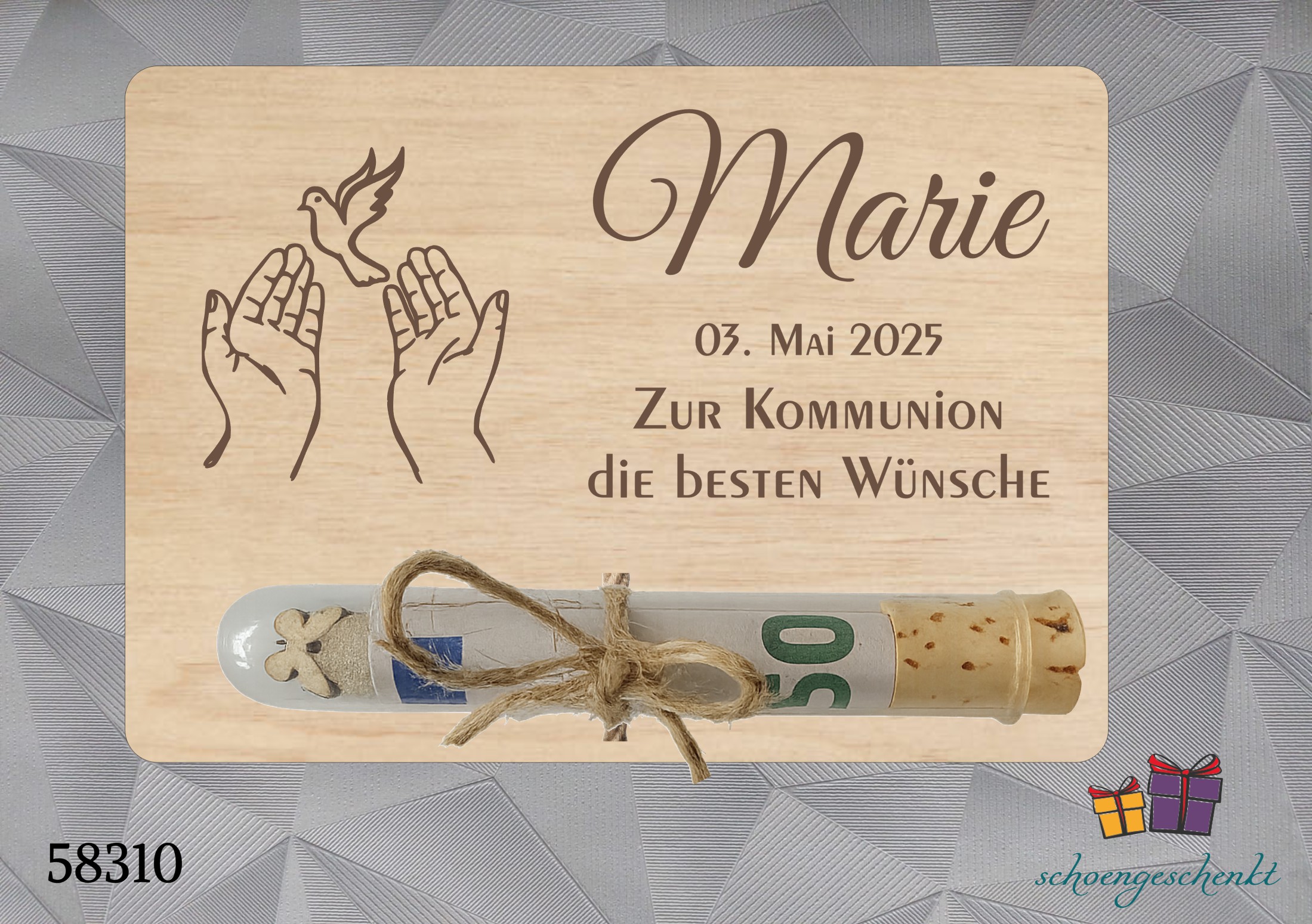 Zur Kommunion personalisiert 🕊️ Taube in den Händen - Geldgeschenkkarte